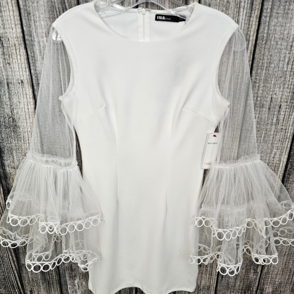INA White Knit Nwt Mini Sheath Dress with Mesh Tiered Bell Sleeves - Picture 9 of 17